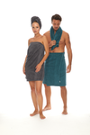 Homelover Towel Sets - Forest Green Male Model With Ladies Model Wearing Space Grey Organic Towel