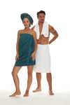Homelover Towel Sets - Forest Green Female Model With Male Model Wearing Snow White Organic Towel