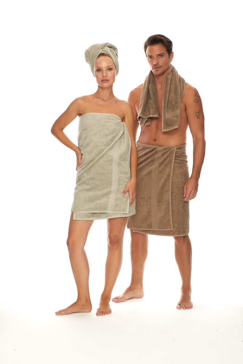 Homelover Towel Sets - Space Grey Ladies Model With Brown Organic Towel Male Model