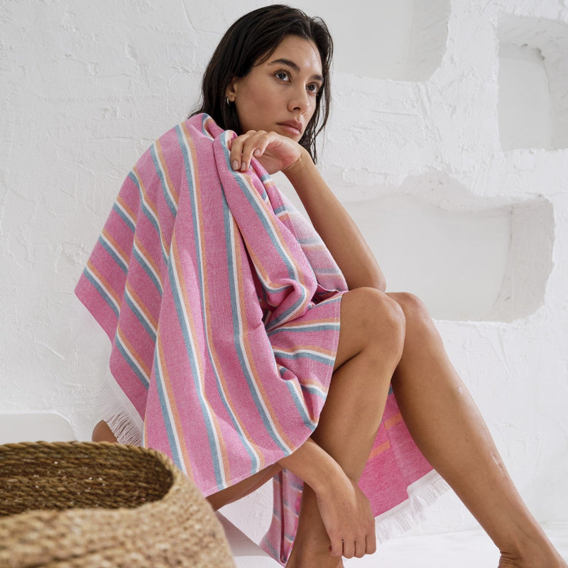 Beach Towel - Pink Zumu Stipes Lifestyle Over Shoulder